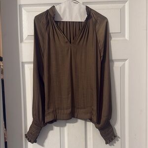 GAP Brown Pleated Ruffled Blouse with Mandarin Collar